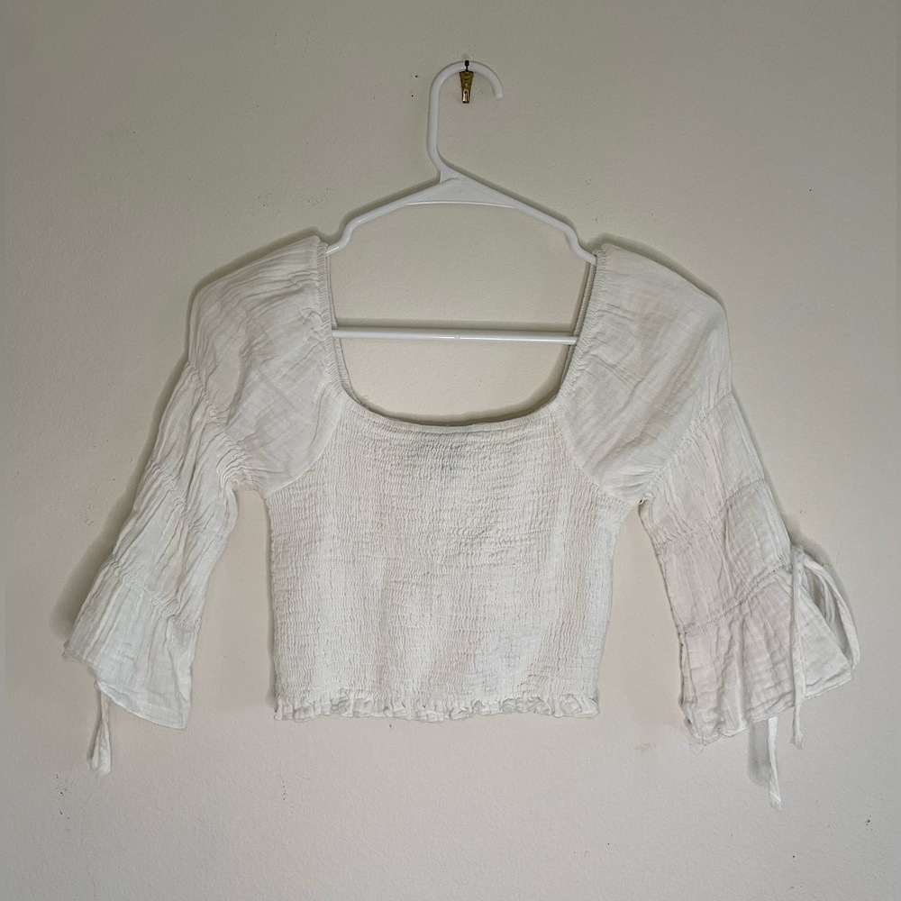 Paper Closet Romantic White Long-Sleeve Shirred Bodice crop top